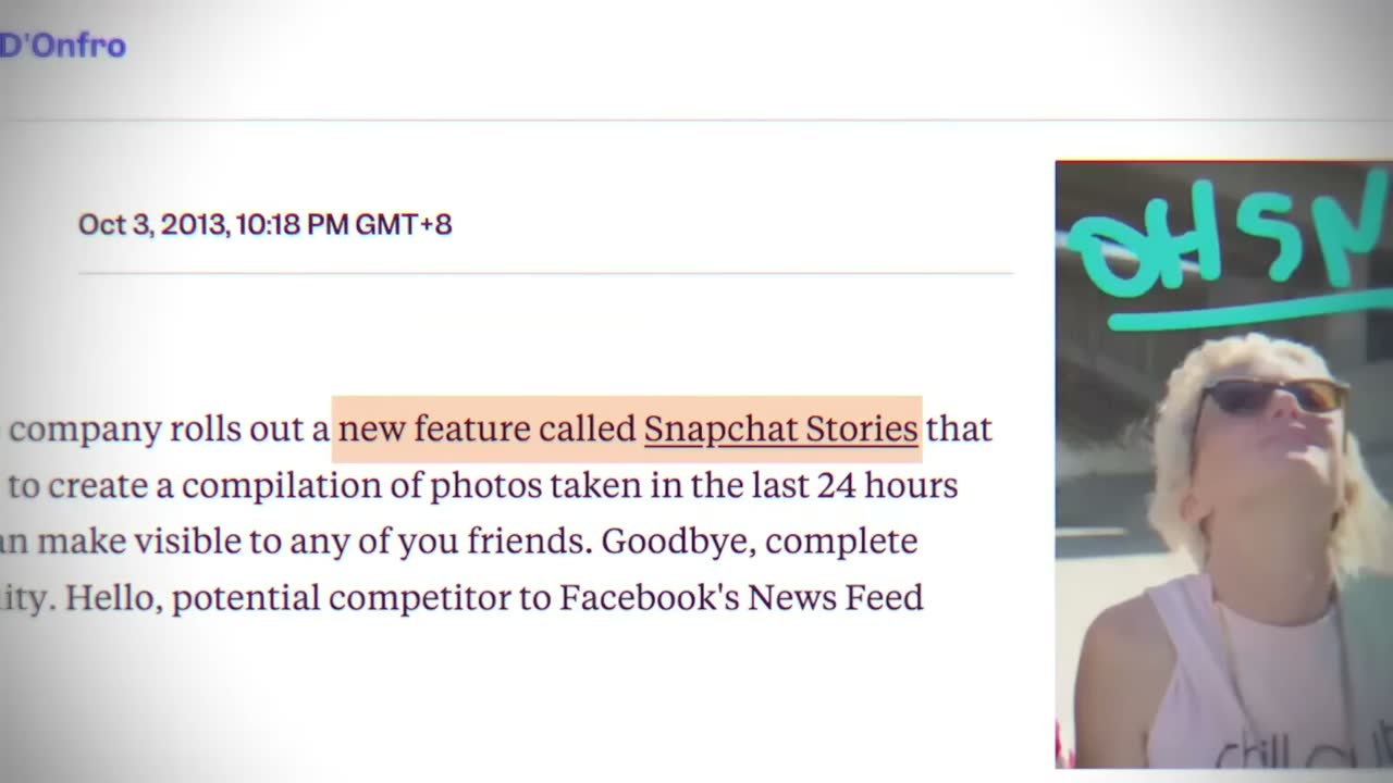 Oct 3, 2013 article announcing Snapchat Stories, framed as a potential Facebook News Feed competitor.