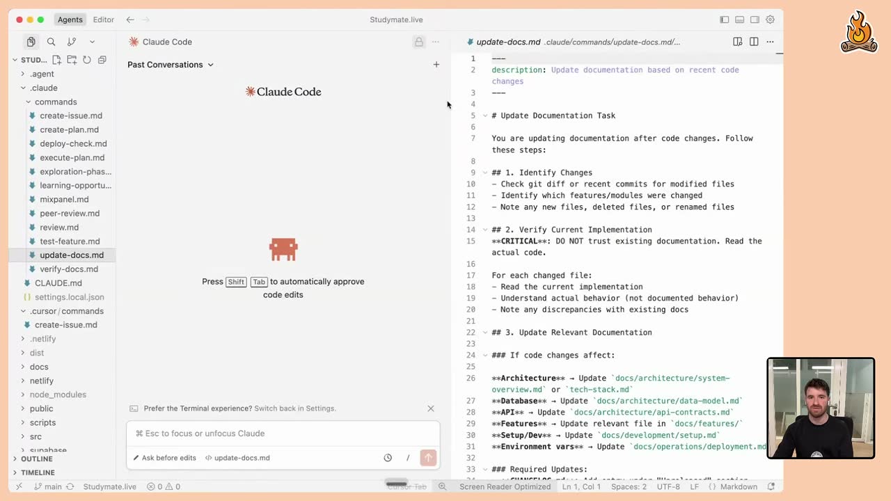 Cursor showing the update-docs.md slash command, which tells Claude Code to update documentation after code changes.
