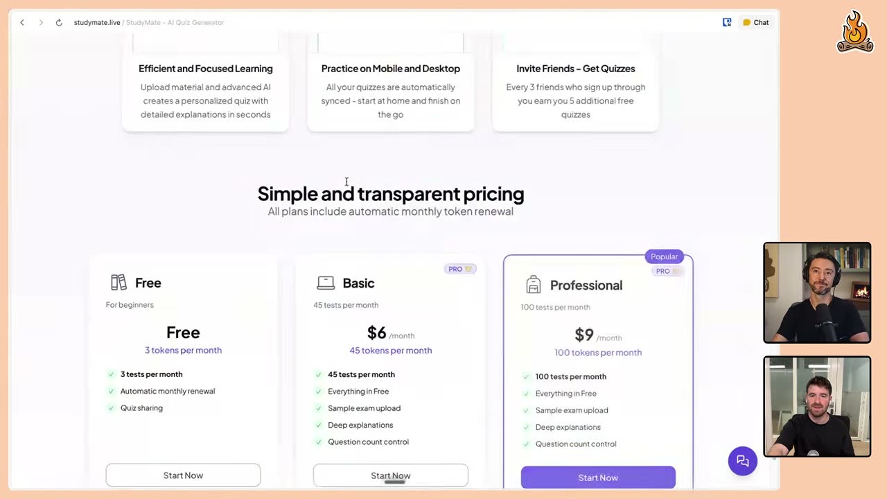 StudyMate pricing page: Free (3 tests), Basic $6/month (45 tests), Professional $9/month (100 tests).