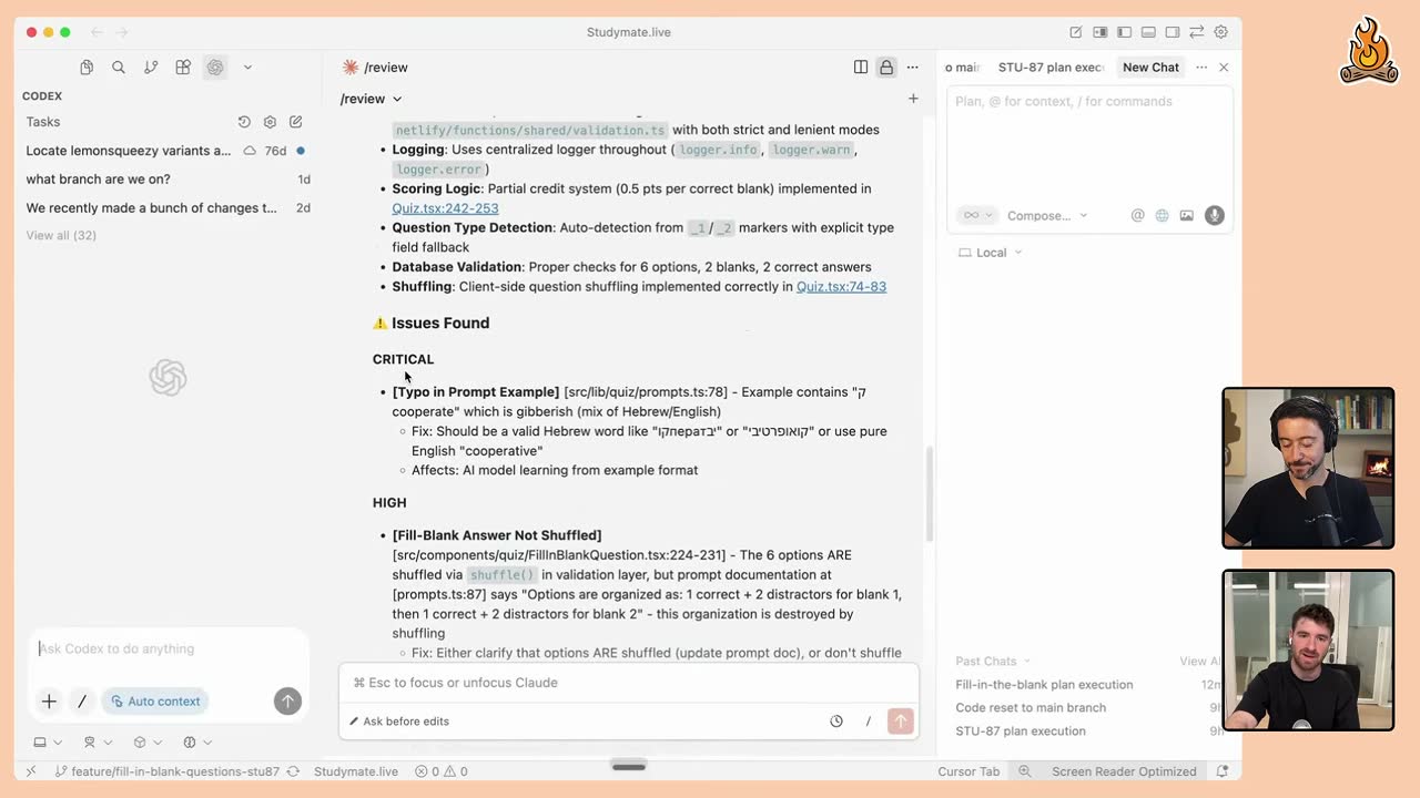 Claude's /review output flags a critical prompt typo and a high-severity unshuffled fill-blank issue.