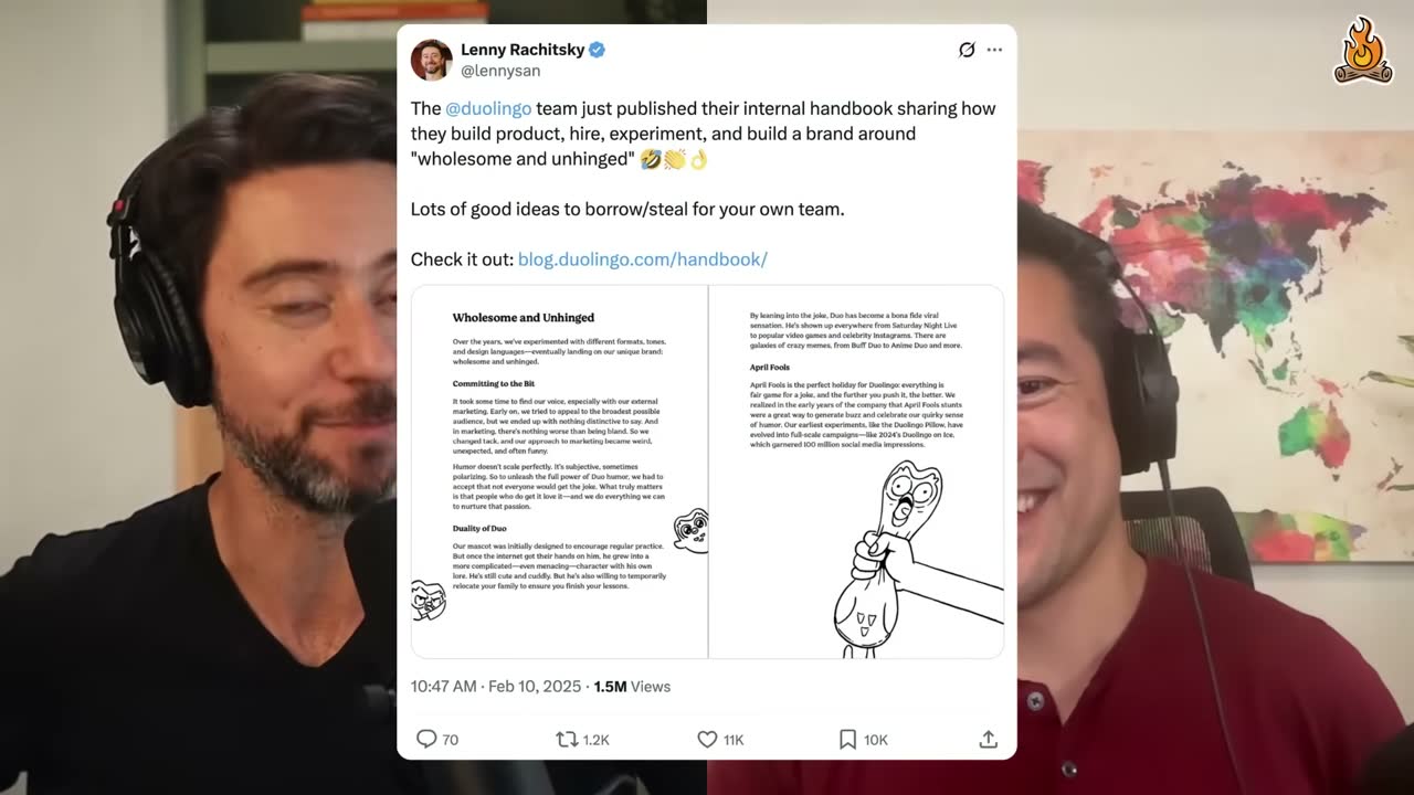 Lenny's tweet sharing Duolingo's internal handbook page "Wholesome and Unhinged," which drew 1.5M views.