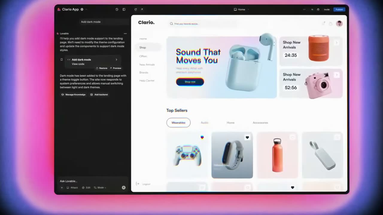 Lovable's editor adds dark mode to the 'Clario' shopping site from a one-line chat prompt.