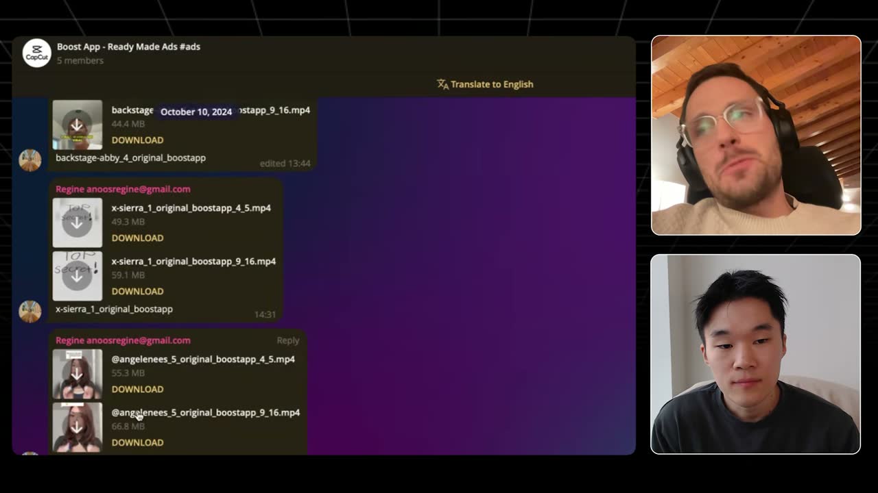 Telegram group "Boost App - Ready Made Ads" where creators deliver finished UGC ad videos in 4:5 and 9:16 formats.