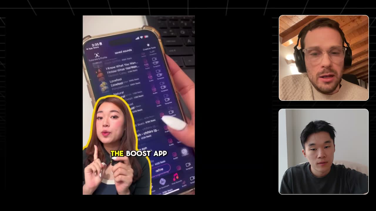 Boost App ad: creator green-screened over a phone showing the app's saved sounds list with reel counts.