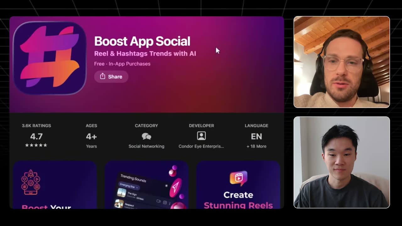 Boost App Social's App Store page: free hashtag and Reels trends app rated 4.7 from 3.6K ratings.