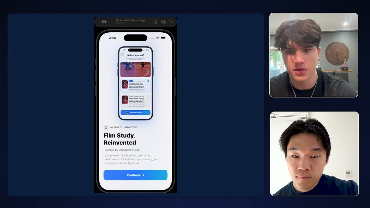 WrestleAI onboarding screen 'Film Study, Reinvented' showing AI match analysis as the first feature.