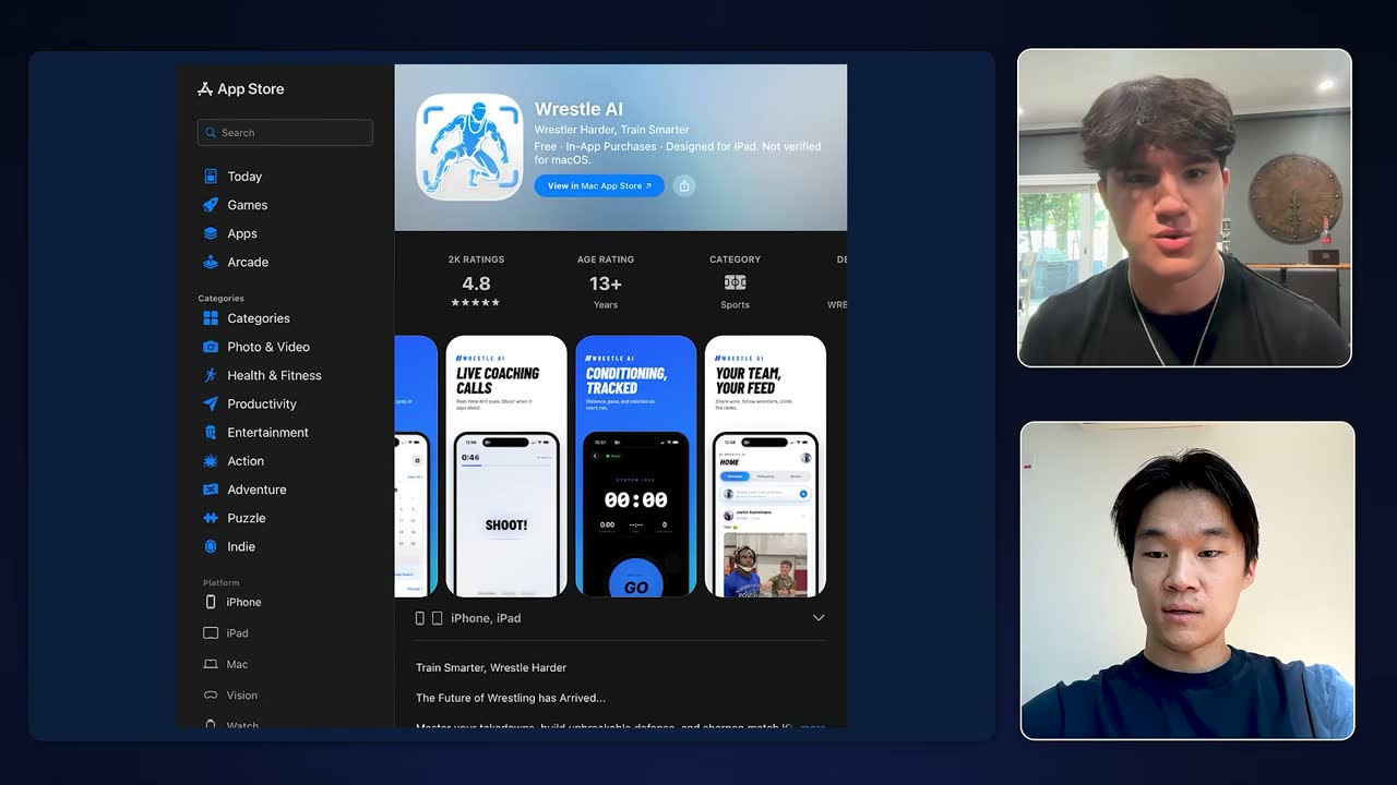 Wrestle AI's App Store page shows a 4.8 rating from 2K reviews, plus live coaching and conditioning screenshots.