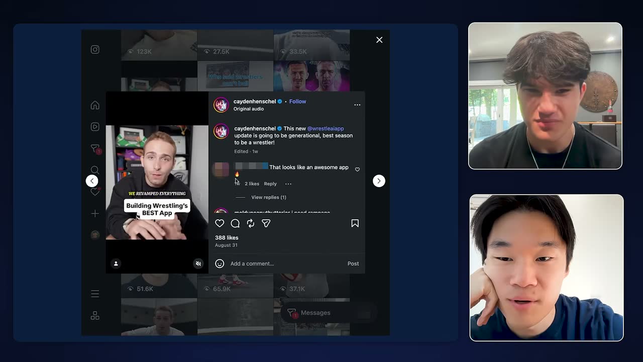 Instagram post by Cayden Henschel announcing the rebuilt Wrestle AI app, with 388 likes.