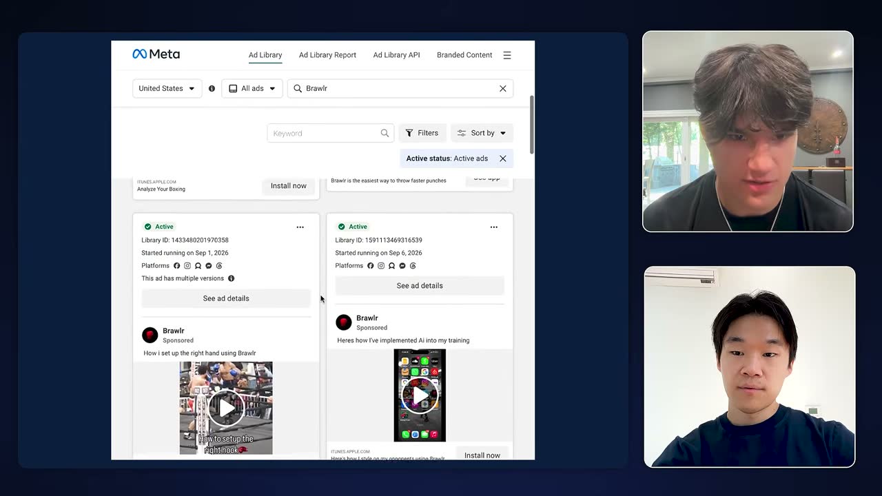 Meta Ad Library showing active Brawlr ads, including the product walkthrough ad started Sep 6, 2026.