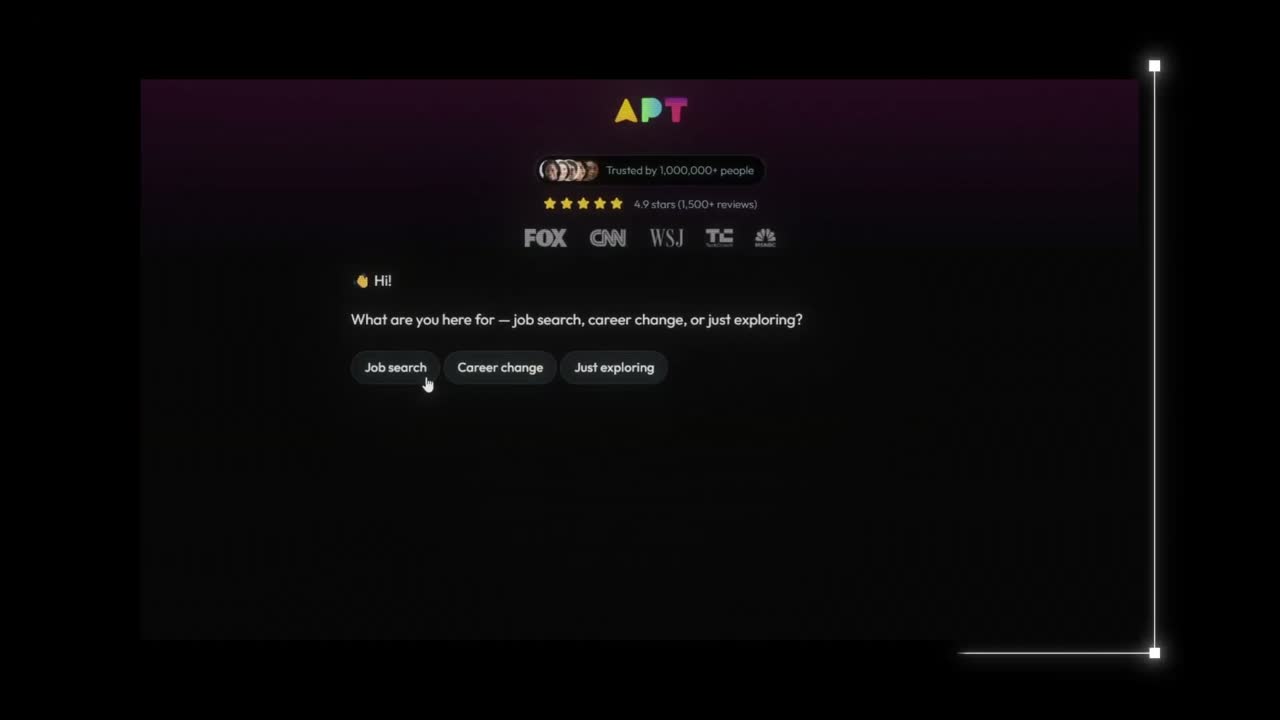 Apt's onboarding screen asks visitors: job search, career change, or just exploring, citing 1,000,000+ users.