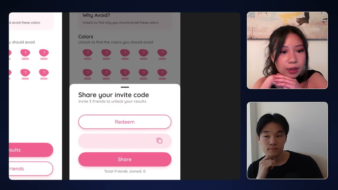 GlamUp's "Share your invite code" screen: invite 3 friends to unlock results instead of paying.