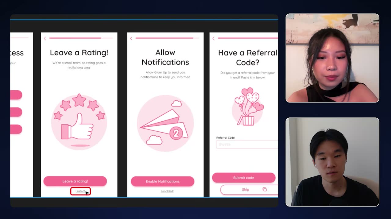 Glam Up onboarding screens: 'Leave a Rating!' with a forced 'I rated!' button before continuing.