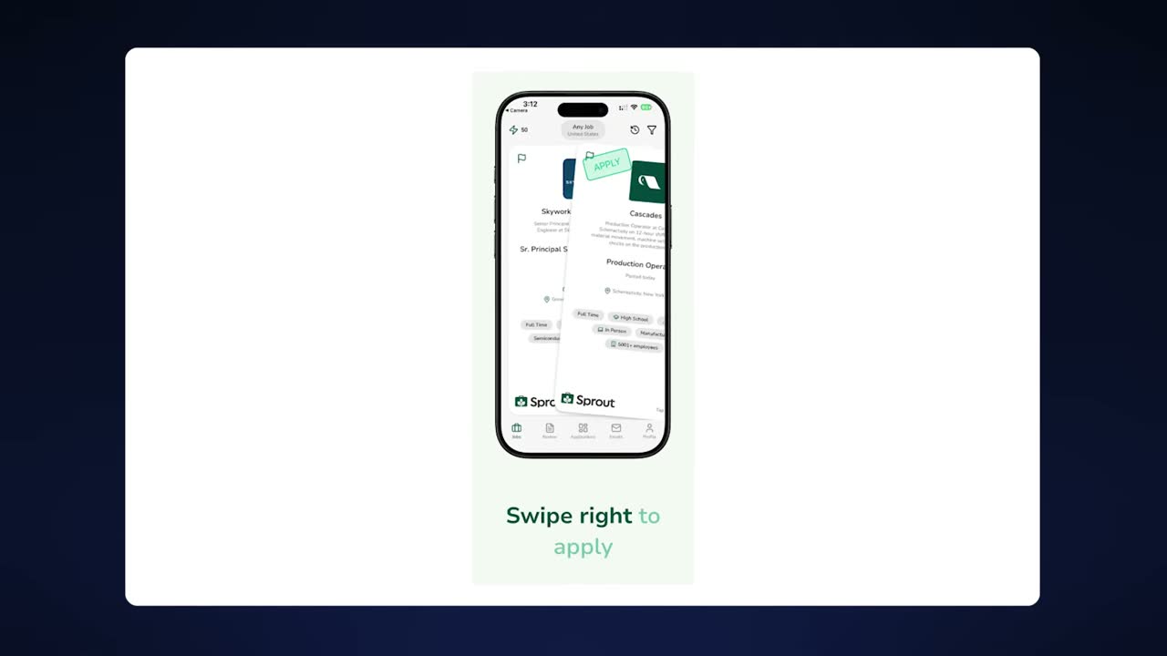 Sprout's job-swiping screen: swipe right on a listing like Cascades' Production Operator to auto-apply.