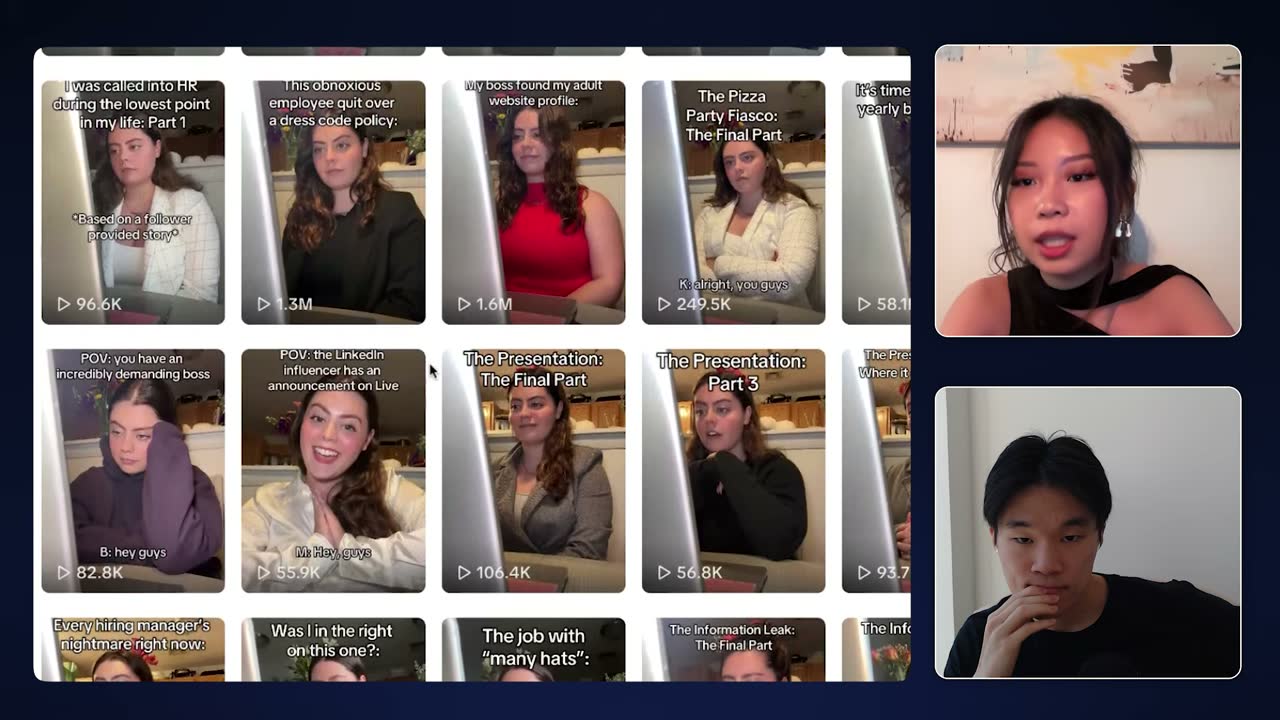 A Sprout creator's TikTok grid of workplace skits, many topping 100K views, up to 1.6M.