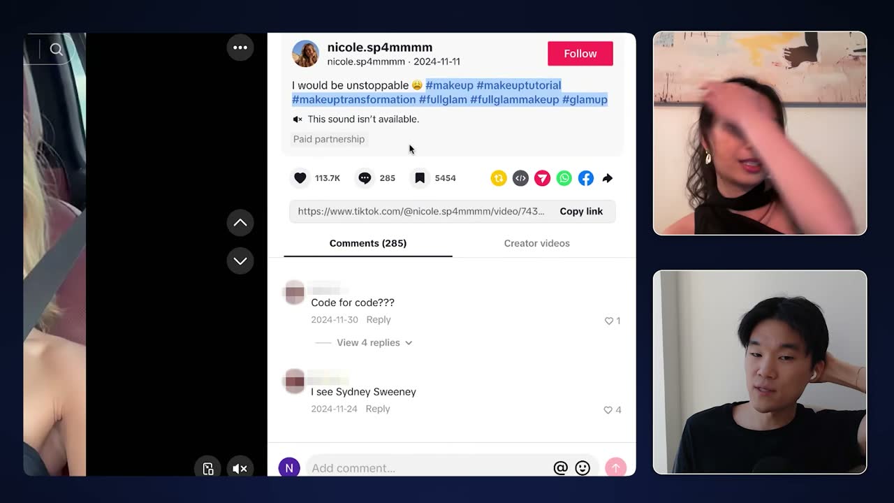 TikTok post by nicole.sp4mmmm showing the reused caption and hashtags, 113.7K likes, marked paid partnership.