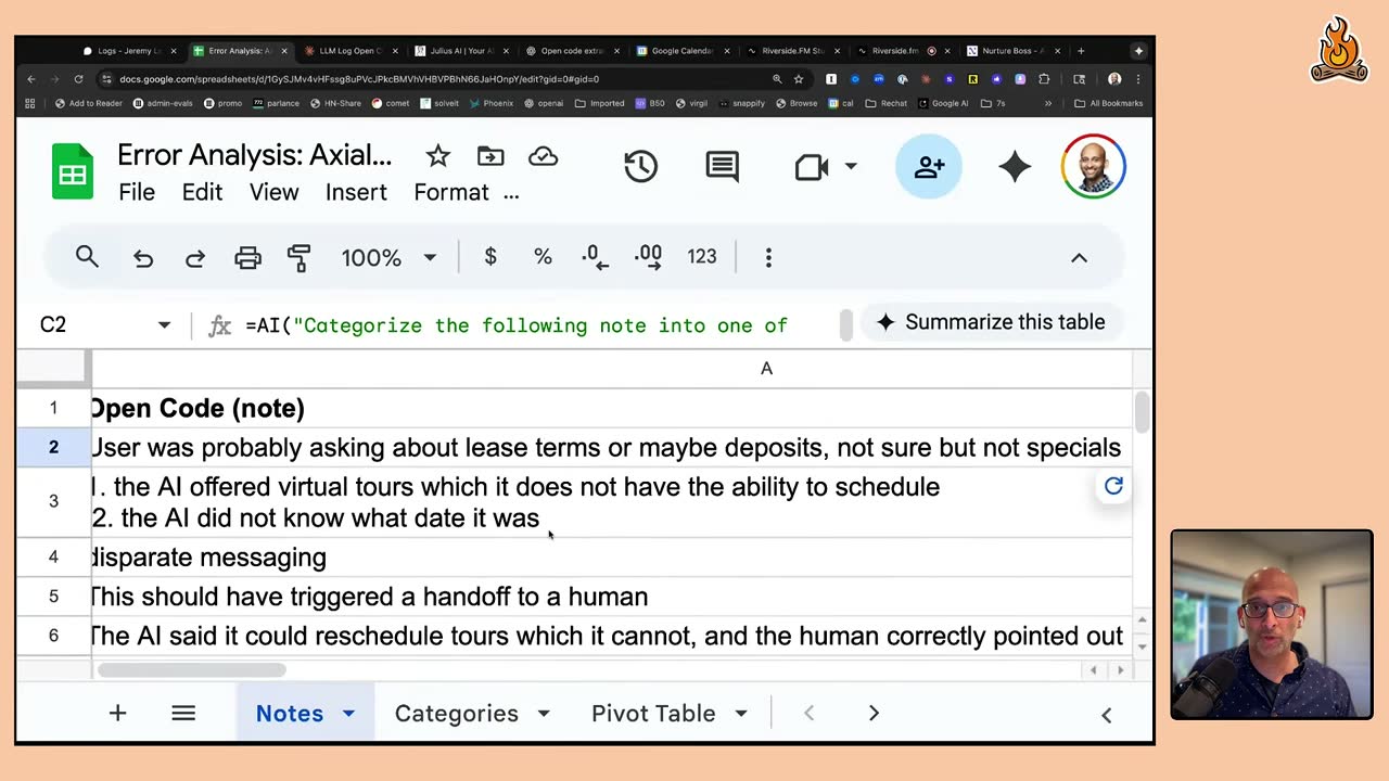 Google Sheets =AI formula categorizing open-code error notes, like missed human handoffs, into axial codes.