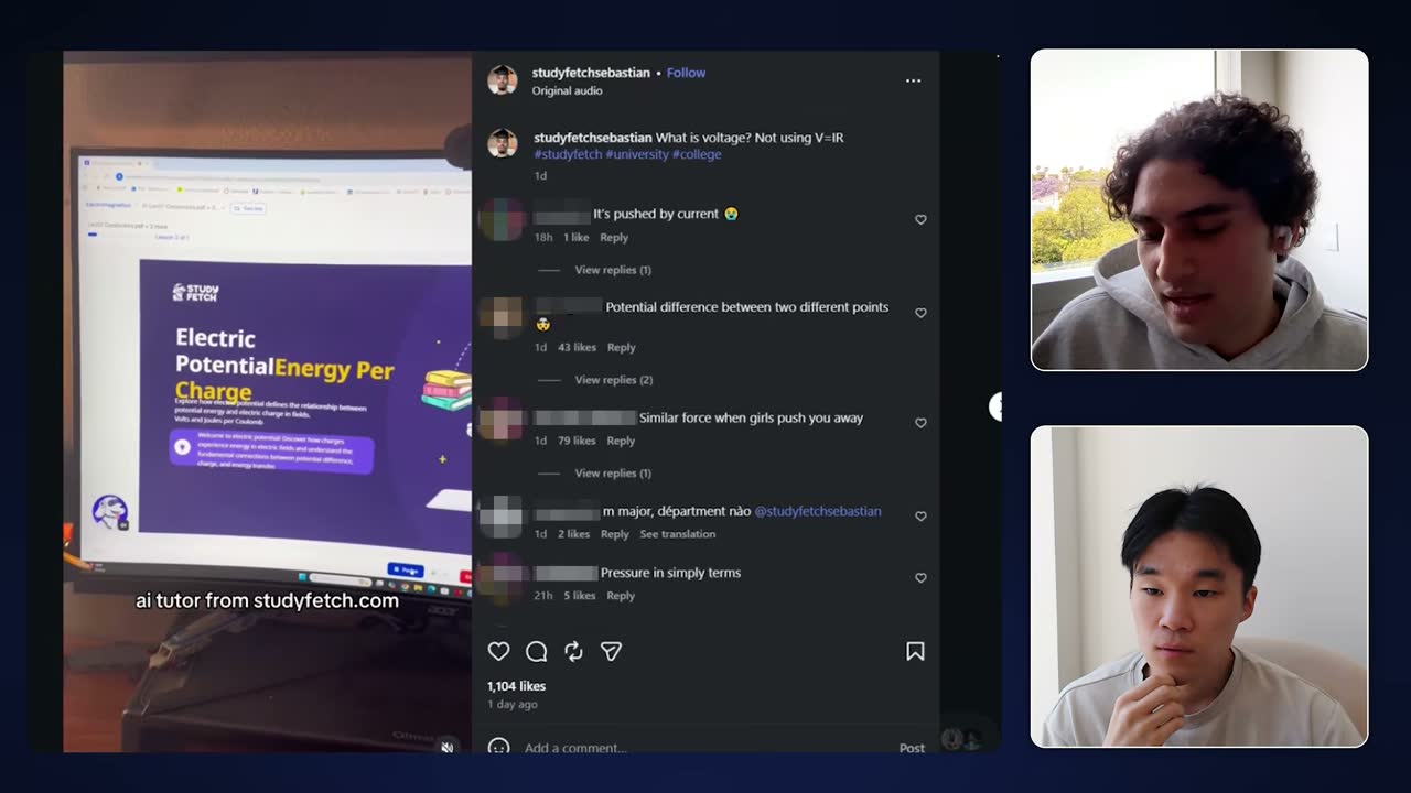 Study Fetch creator's Instagram Reel 'What is voltage?' with 1,104 likes and comments, showing the AI tutor.