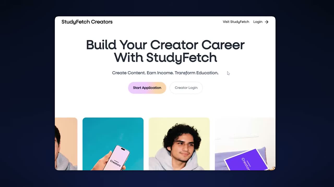 StudyFetch Creators site, the inbound application page paired with outbound creator recruiting.