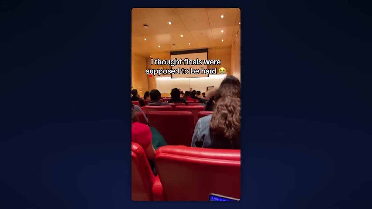 Lecture-hall TikTok captioned 'i thought finals were supposed to be hard', early viral format.