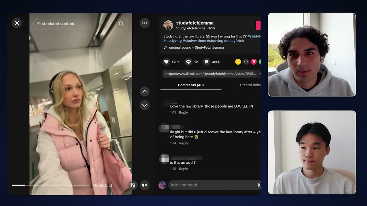 StudyFetchJemma creator account TikTok: law library study vlog with 60.1K likes, 40 comments, 2,668 saves.