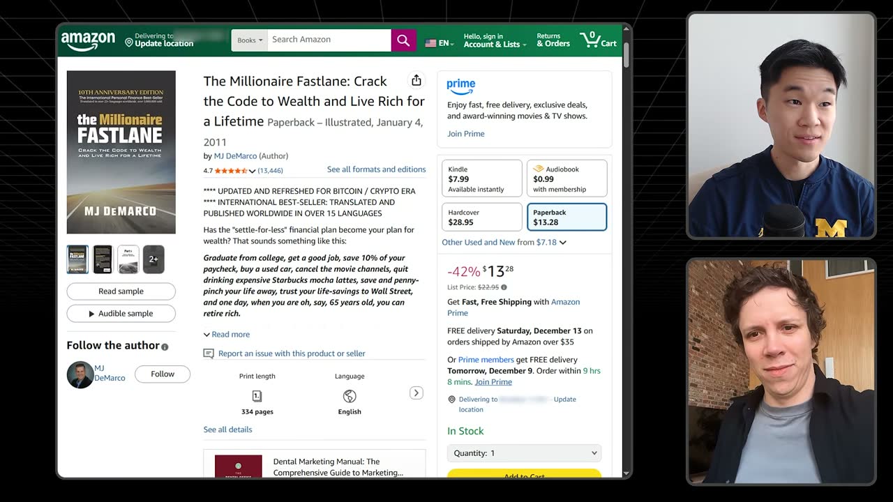 Amazon page for MJ DeMarco's The Millionaire Fastlane, 4.7 stars from 13,446 reviews.