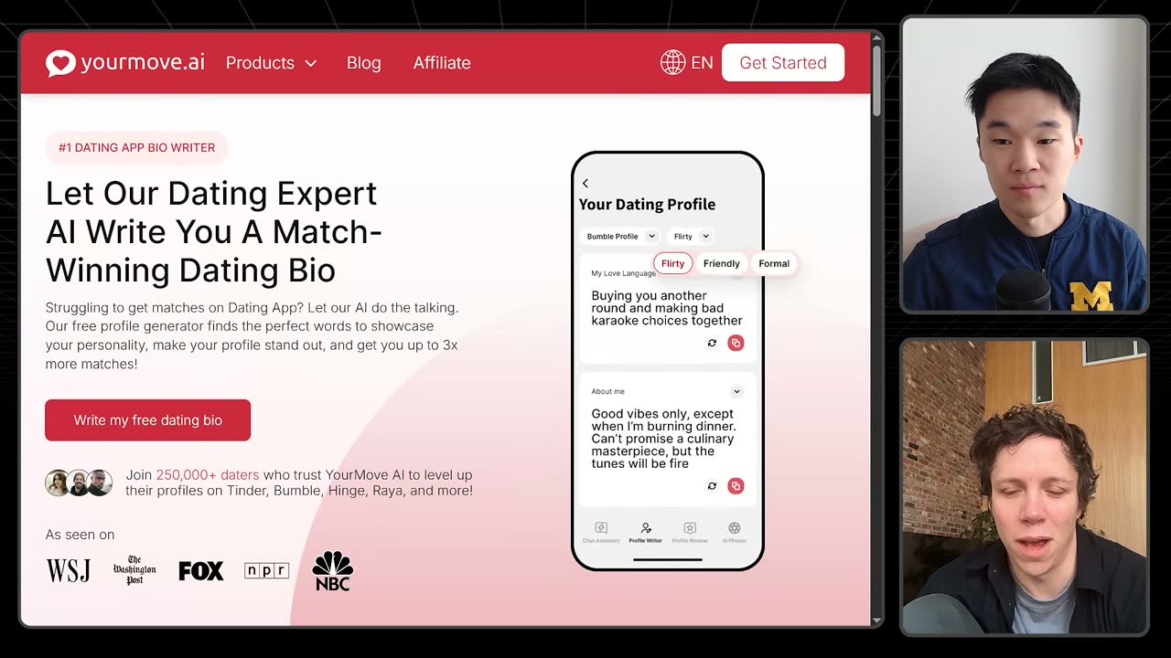 YourMove AI's homepage pitches an AI dating bio writer used by 250,000+ daters.