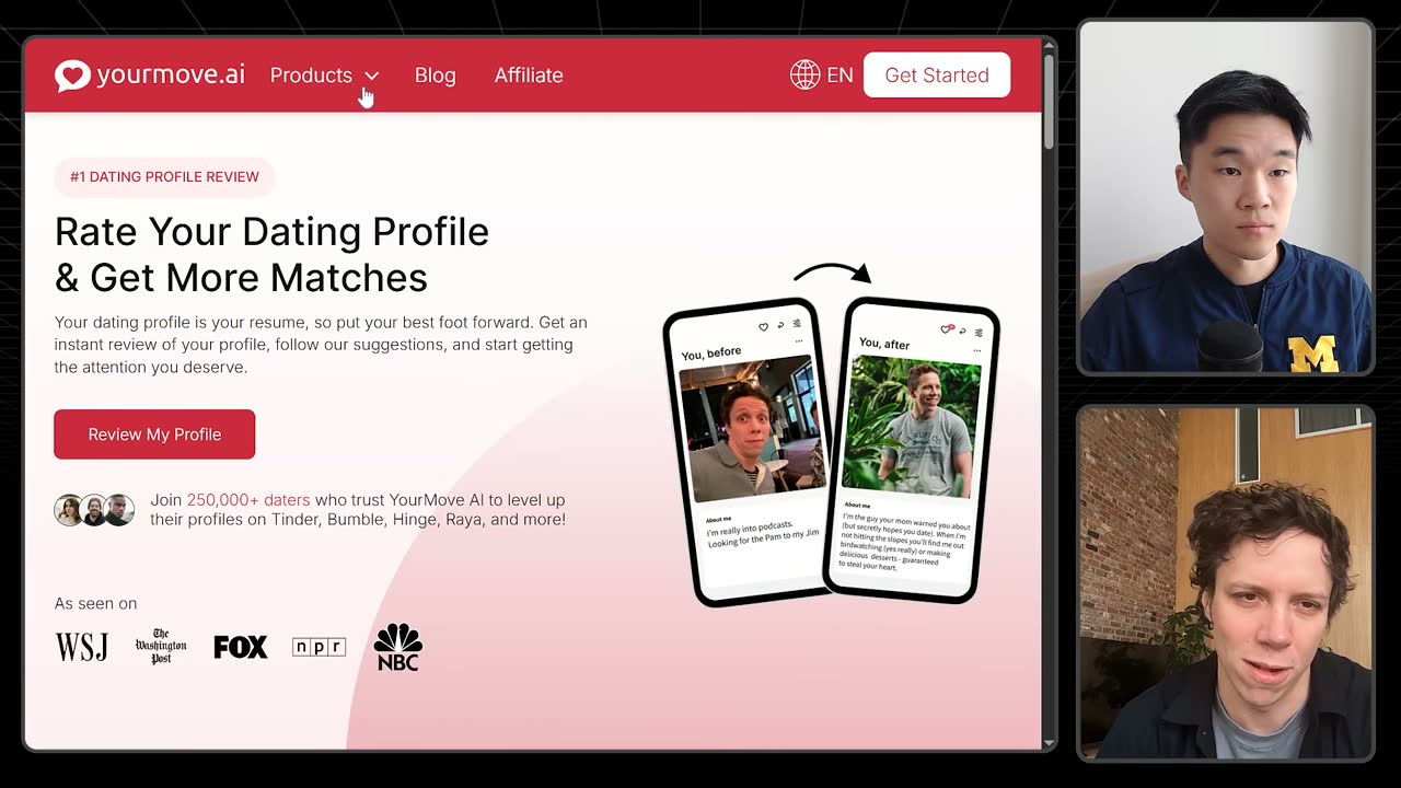 YourMove AI homepage pitching dating profile reviews, claiming 250,000+ daters and press from WSJ, NBC.
