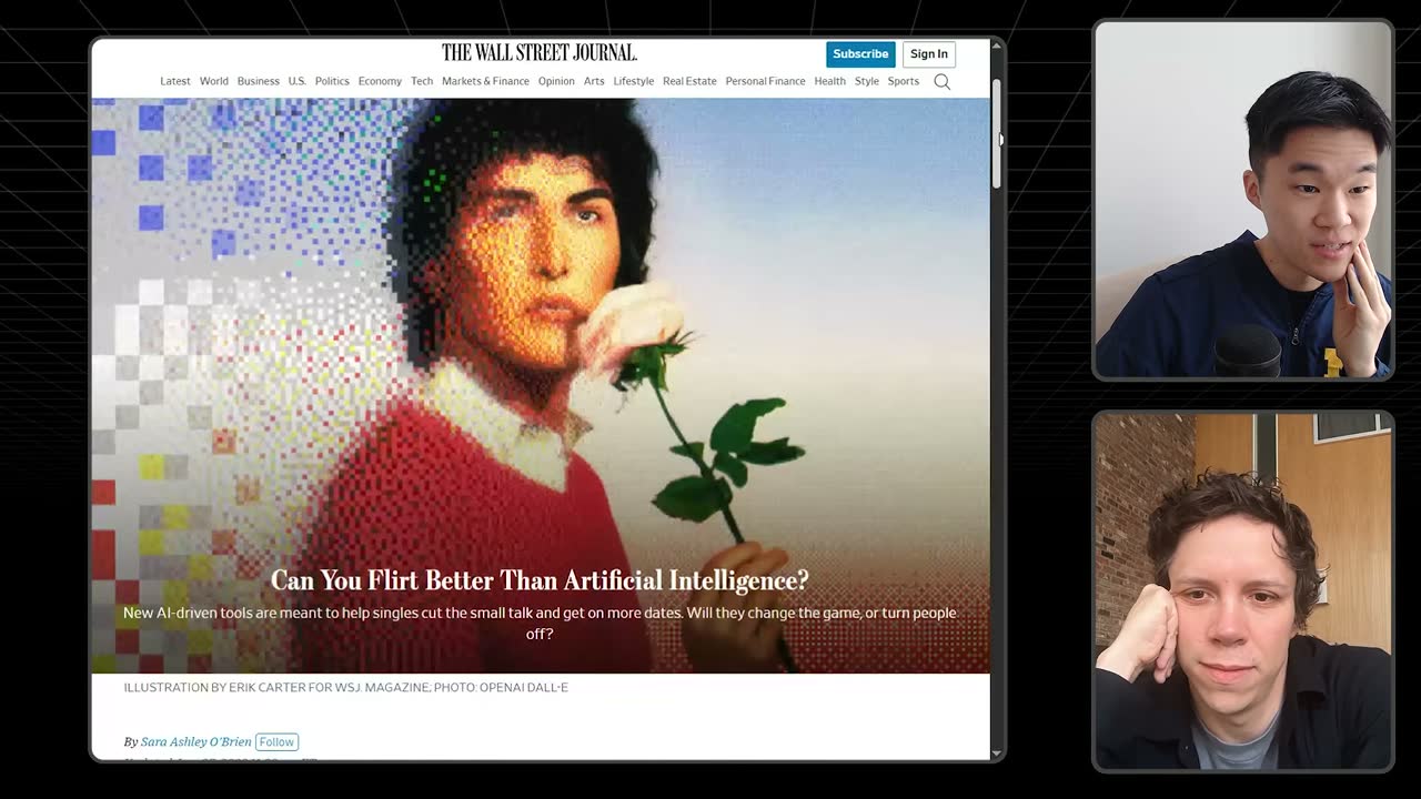 Wall Street Journal article "Can You Flirt Better Than Artificial Intelligence?" covering AI dating tools like YourMove.