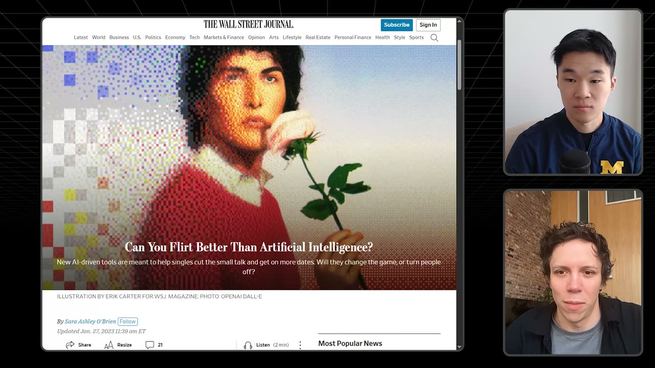 Wall Street Journal article "Can You Flirt Better Than Artificial Intelligence?" covering the AI dating app, January 2023.