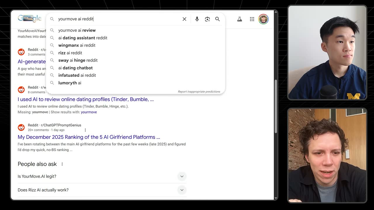 Google search for "yourmove ai reddit" surfaces Reddit threads and competitor apps like Rizz AI and WingmanX.