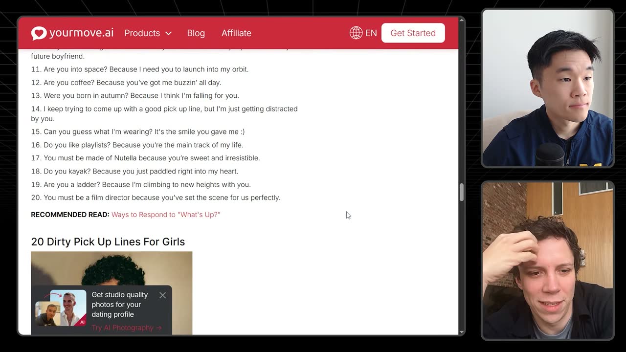 YourMove AI's SEO blog post listing pick-up lines, with an AI dating-photo pop-up ad.