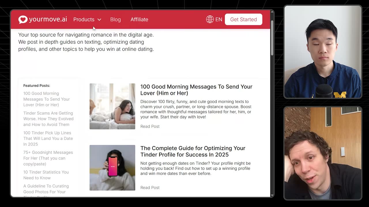 YourMove AI's blog lists SEO posts like '100 Good Morning Messages' and Tinder profile guides.
