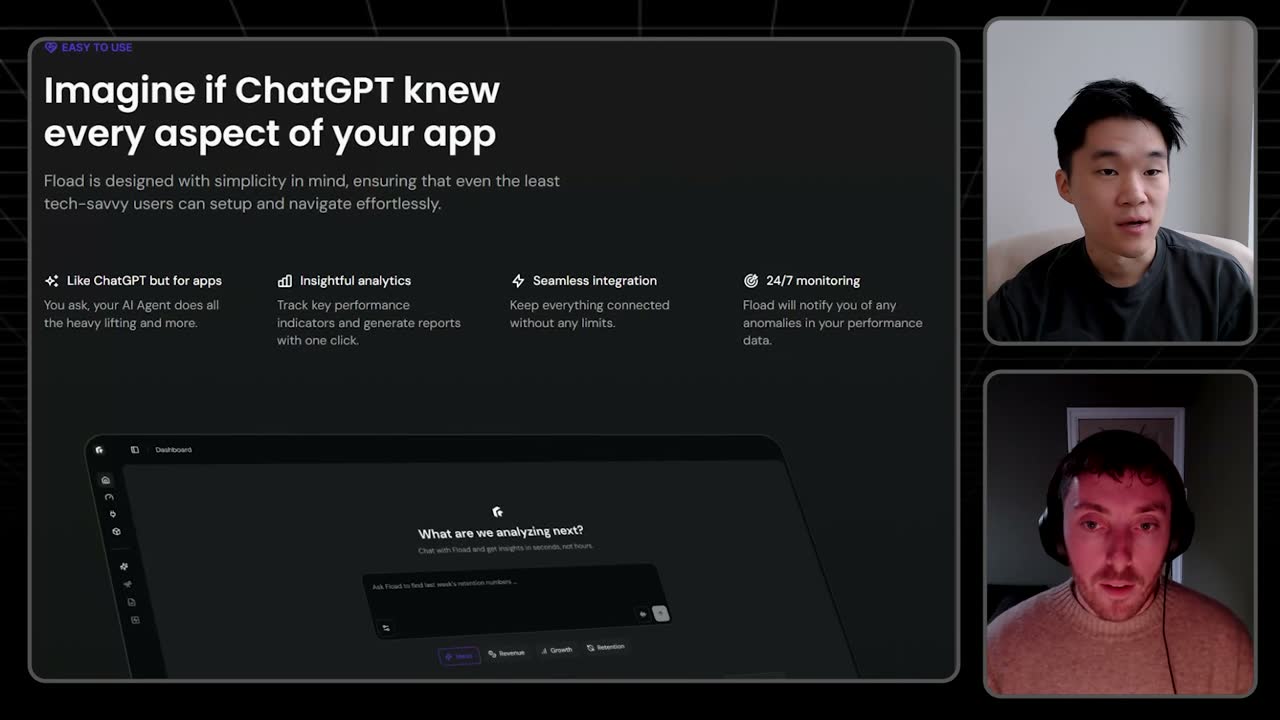 Fload's landing page pitches "ChatGPT for apps": AI agent, analytics, integrations, 24/7 monitoring.
