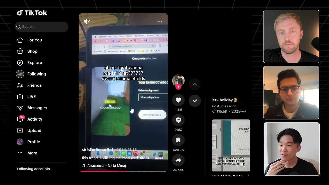 Viral TikTok (4.6M likes) demoing Coconote's 'brainrot video' tool with a Minecraft parkour background.