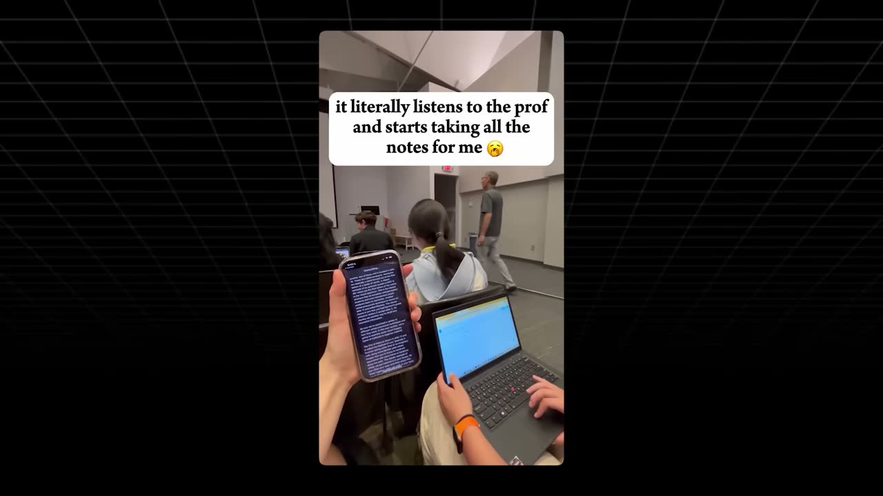 Example TikTok: a student's phone transcribes a lecture under the hook "it literally listens to the prof."