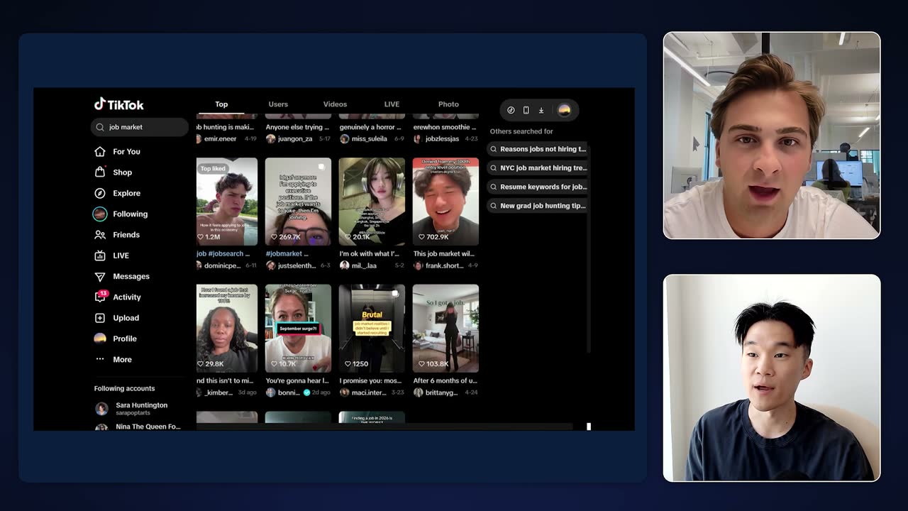 TikTok search for "job market" showing top videos like a 1.2M-like post, used for format research.