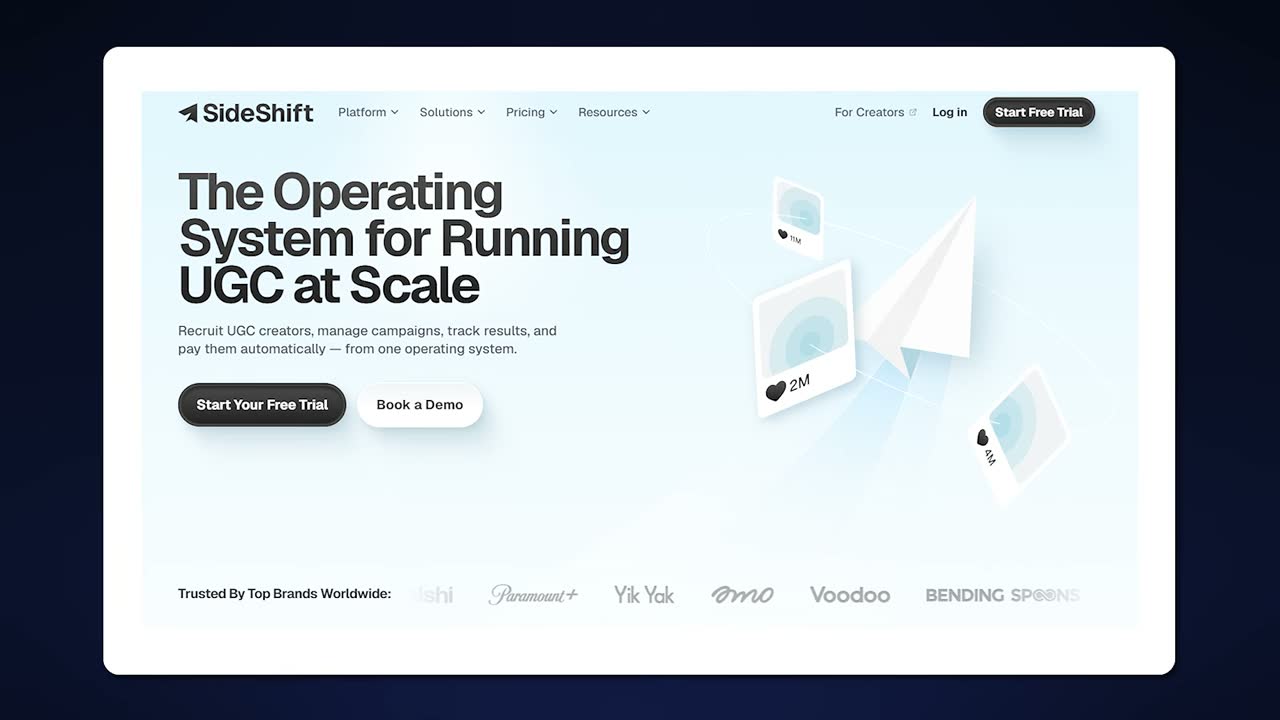 SideShift's homepage pitches one system to recruit, manage, track and pay UGC creators.