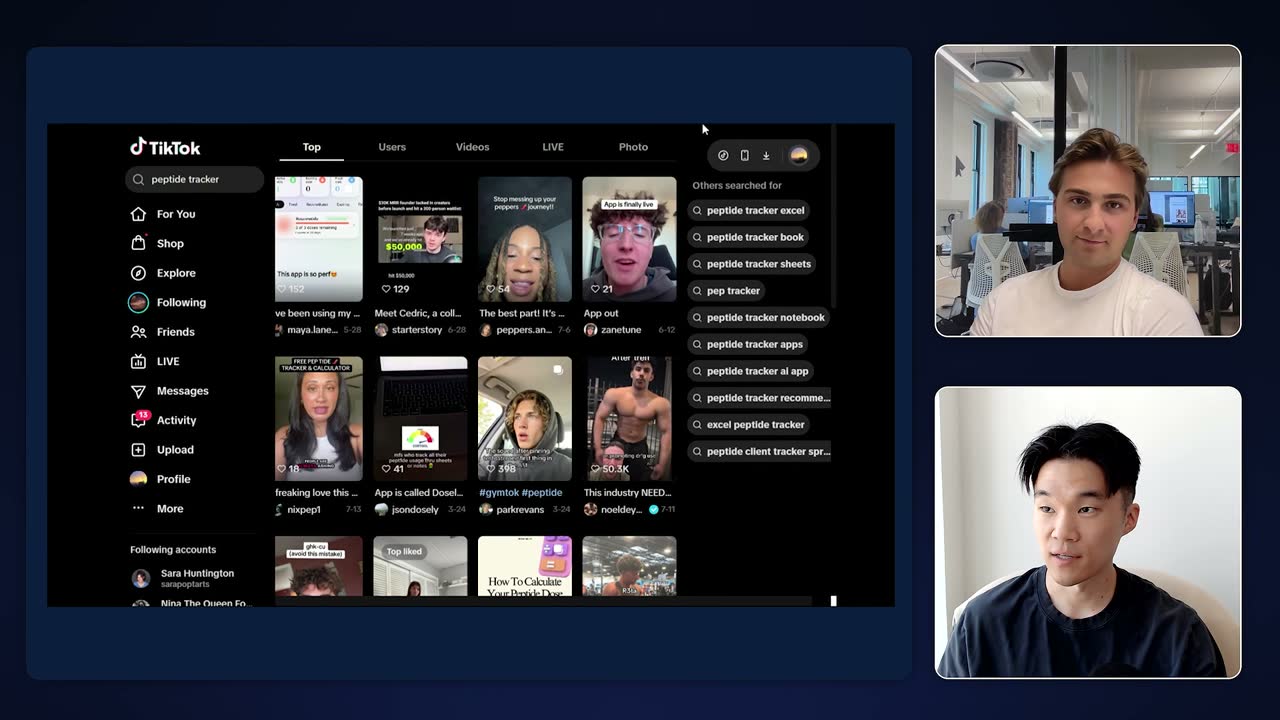 TikTok search for 'peptide tracker' showing competing UGC videos and related searches to study formats.