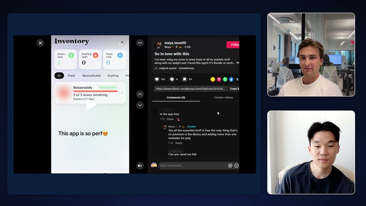 TikTok post about the Retatrutide inventory app, with comments asking whether the app is free.