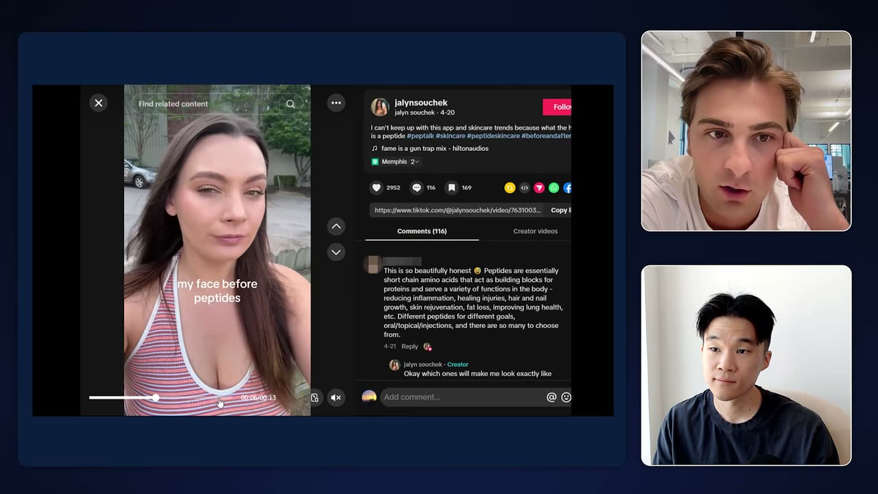 TikTok "my face before peptides" video by jalynsouchek, 2,952 likes, an example of a simple real-creator before/after format.