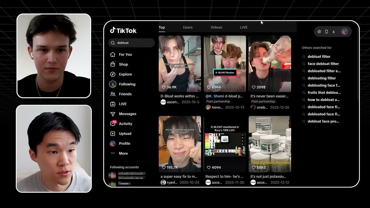 TikTok search for "debloat" shows D-Bloat supplement videos and paid partnerships, revealing demand for debloating.