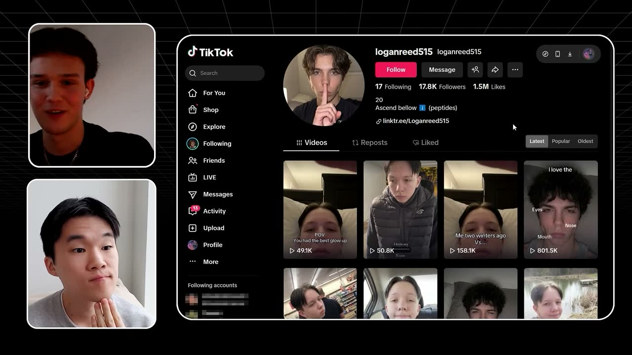 TikTok profile of AI influencer loganreed515 with 17.8K followers and 1.5M likes from glow-up videos.