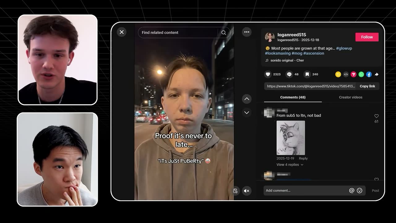 TikTok post by loganreed515 showing an AI-generated glow-up video with 2,323 likes, presented as real.