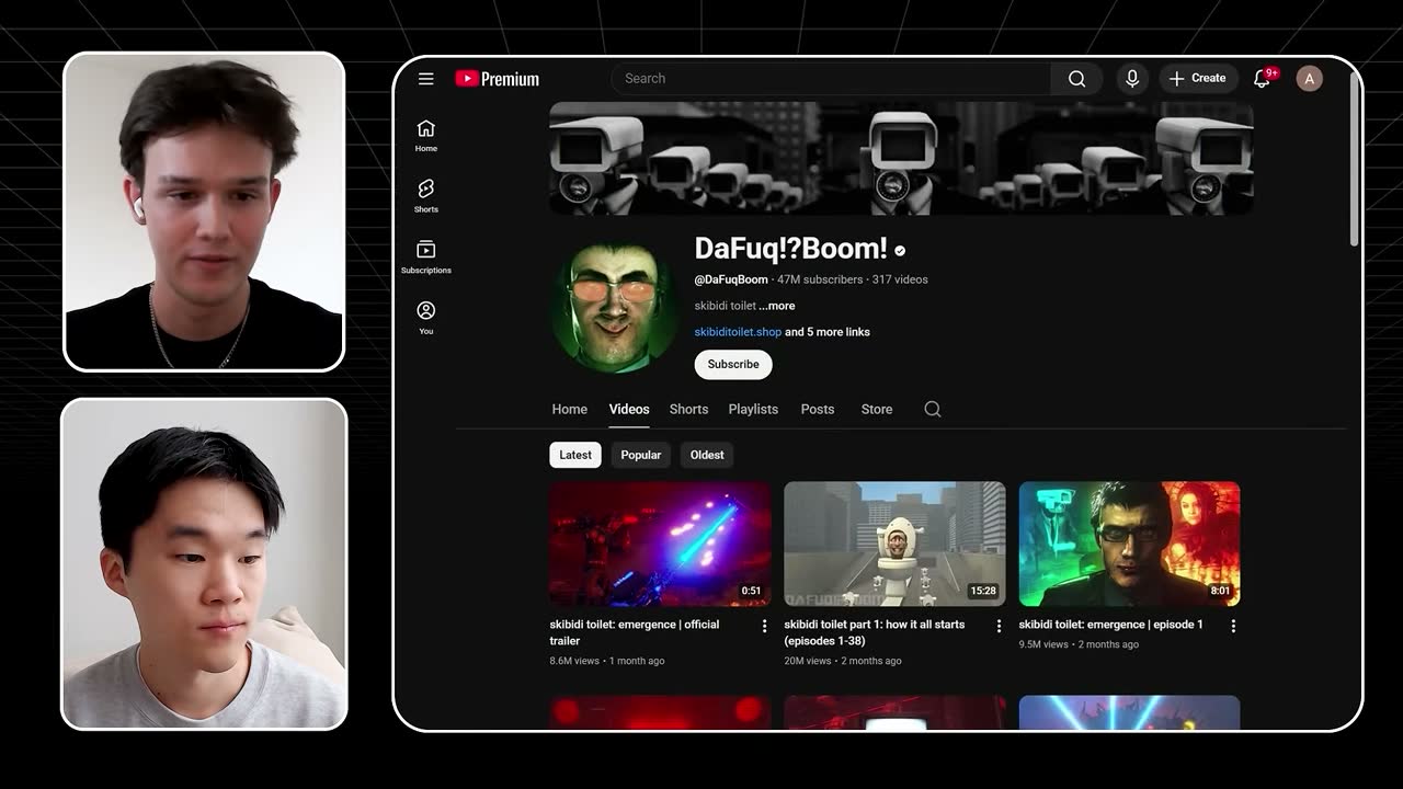 DaFuq!?Boom!'s YouTube channel, creator of Skibidi Toilet, now at 47M subscribers and 317 videos.