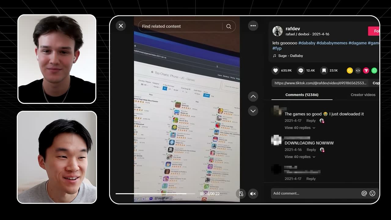 Rafael's April 2021 DaBaby game TikTok filming the App Store top charts, with 635.9K likes.