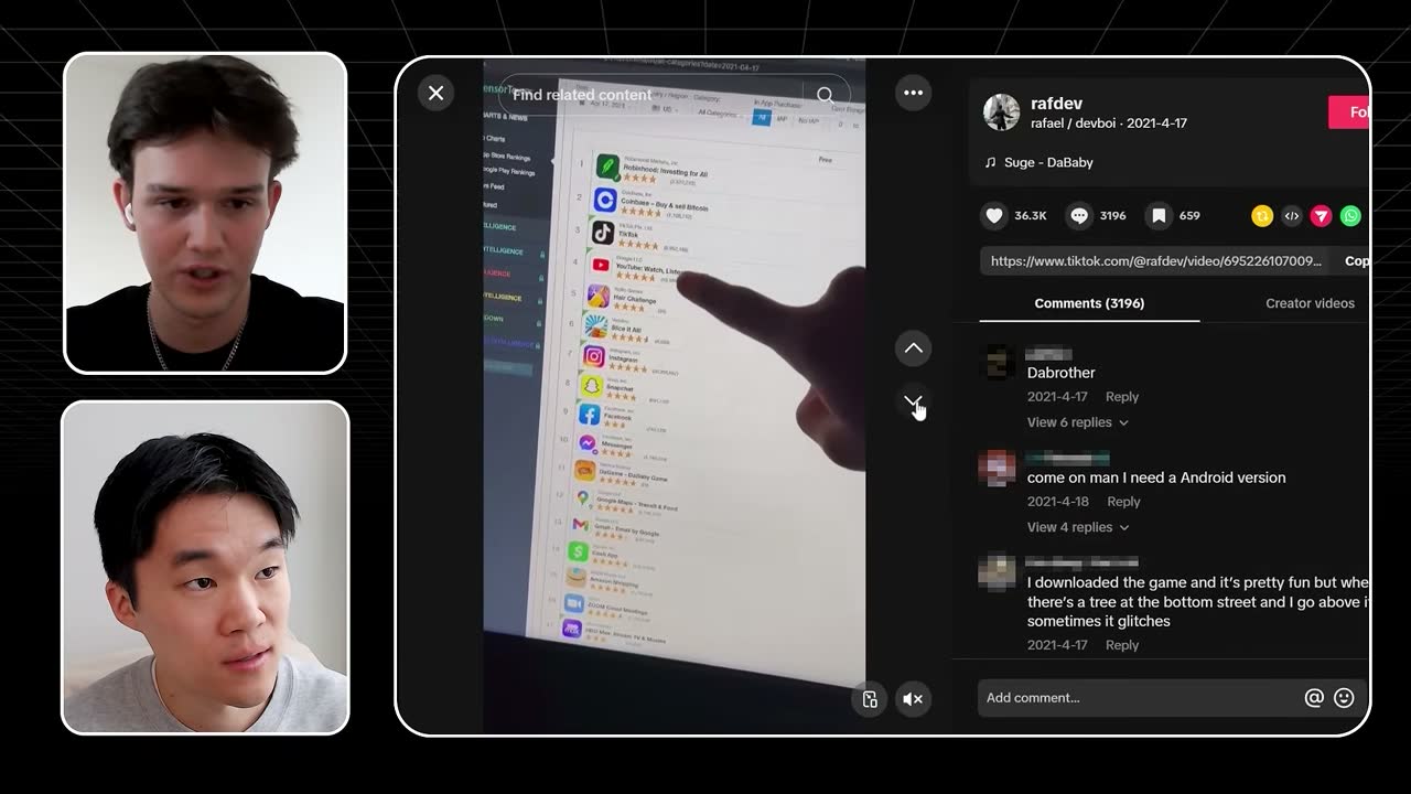 Rafael's April 2021 TikTok showing his DaBaby game on App Store top charts, 36.3K likes.