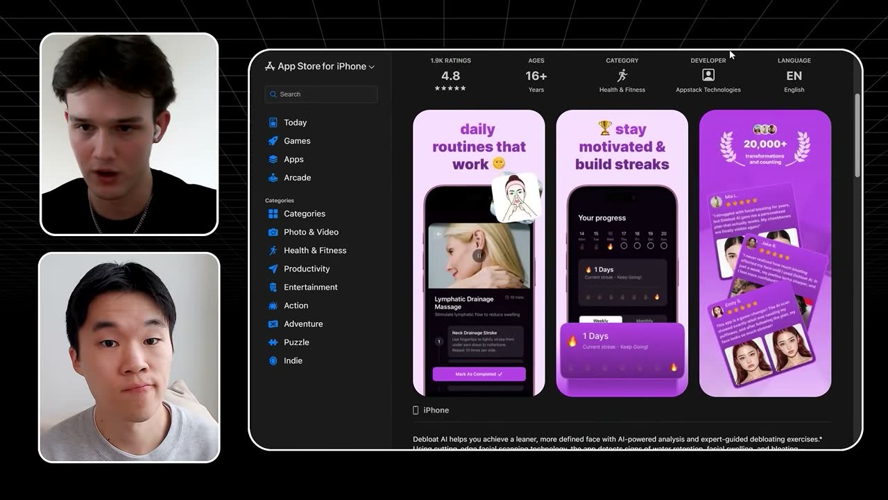 Debloat AI's App Store page: 4.8 rating from 1.9K reviews, a looksmaxxing app later sold.