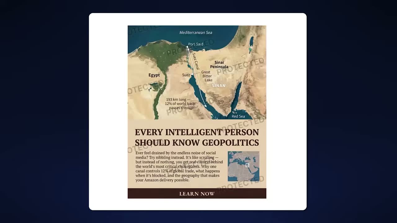 AI-generated static ad for a geopolitics app: Suez Canal map, '12% of world trade', 'Learn Now'.