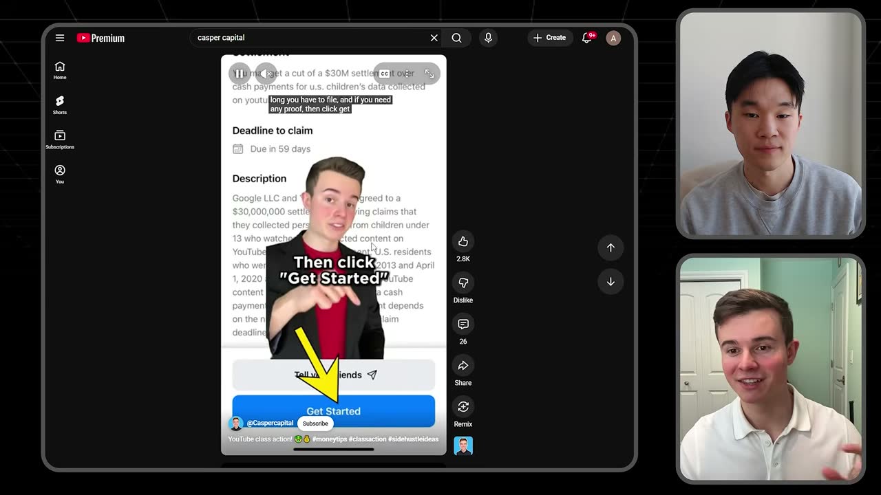 Casper Capital's YouTube Short on the $30M YouTube class action, pointing viewers to tap "Get Started" in the app.