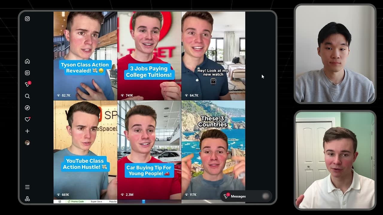 Casper's Instagram grid of brand-deal videos, with views from 64.7K to 2.3M.